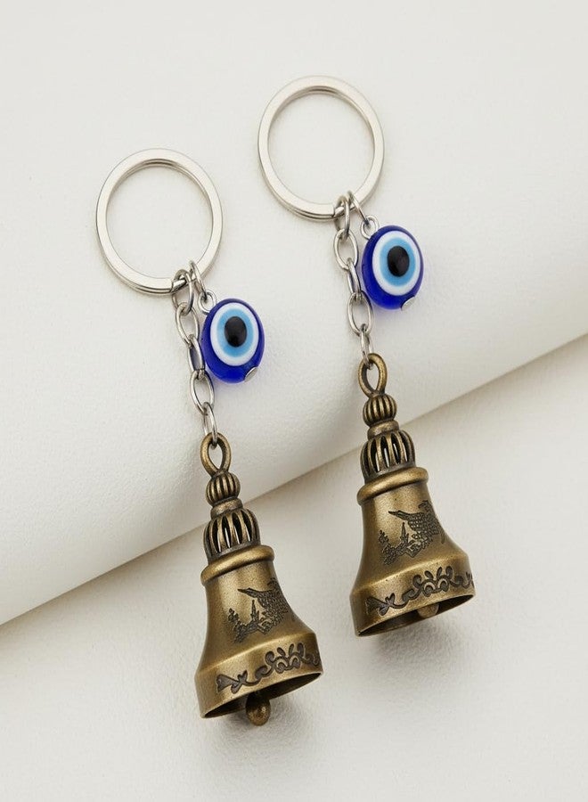 AEROSTARK Set of 2 Golden Guardian Bell For Bike Keychain with Evil Eye Charm | Lucky Protection Keyring for Car Keys, Bike, Scooter, Bag | Anti Evil Eye Good Luck Metal Bell Charm | - Image 4
