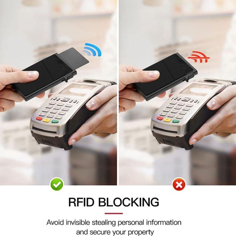 لينجي محفظة بطاقات منبثقة بسيطة للرجال مزودة بخاصية حجب RFID ومحفظة بطاقات ائتمان رفيعة للأعمال مع جيب للنقود وحافظة بطاقات بنكية من معدن الألومنيوم للأوراق النقدية والعملات المعدنية وبطاقات الخصم - Image 3