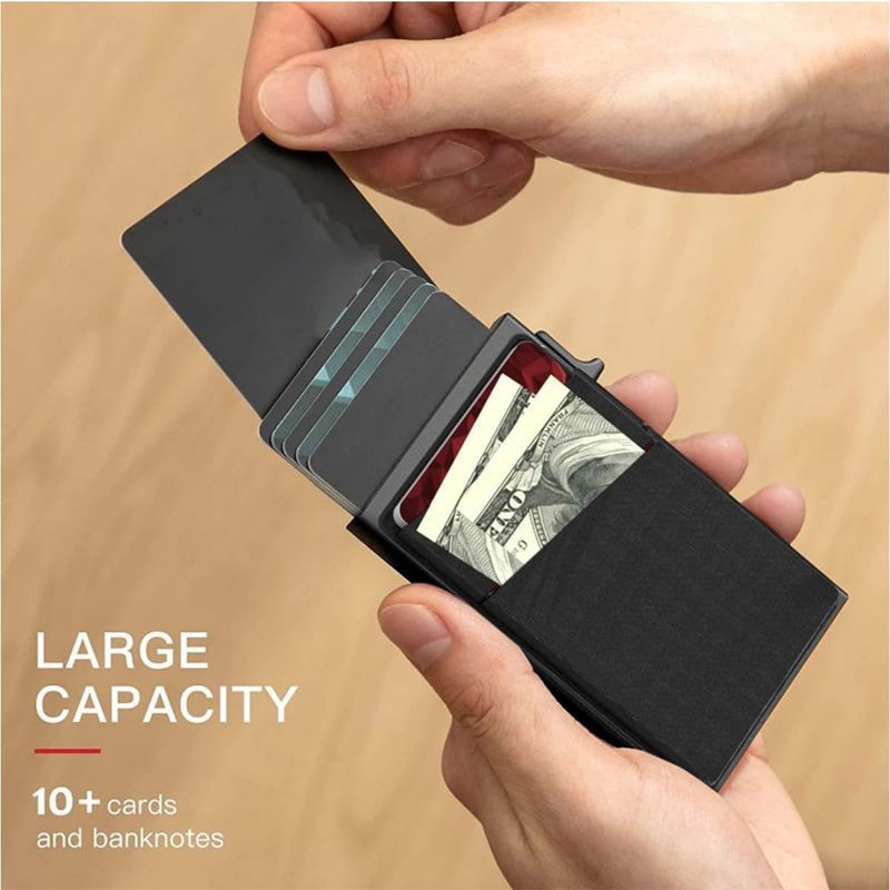 لينجي محفظة بطاقات منبثقة بسيطة للرجال مزودة بخاصية حجب RFID ومحفظة بطاقات ائتمان رفيعة للأعمال مع جيب للنقود وحافظة بطاقات بنكية من معدن الألومنيوم للأوراق النقدية والعملات المعدنية وبطاقات الخصم - Image 2