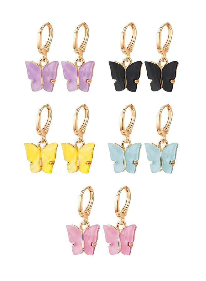 تشيميز أصفر أقراط دائرية ذهبية اللون مع حلية فراشة متعددة الألوان للنساء، عبوة من 5 قطع - Image 1