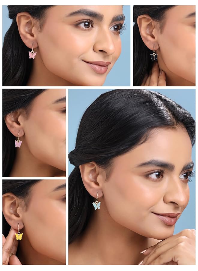 تشيميز أصفر أقراط دائرية ذهبية اللون مع حلية فراشة متعددة الألوان للنساء، عبوة من 5 قطع - Image 3