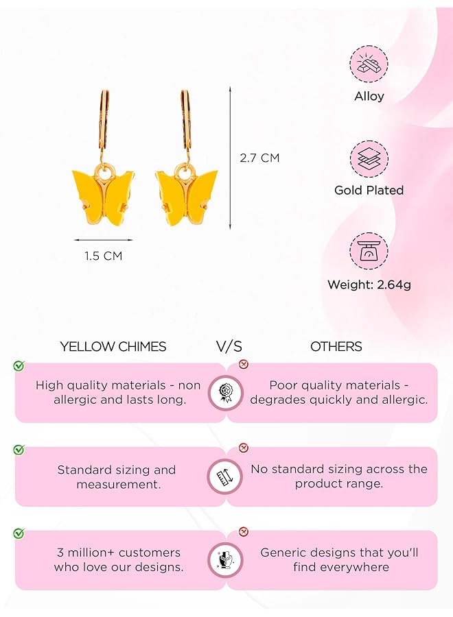 تشيميز أصفر أقراط دائرية ذهبية اللون مع حلية فراشة متعددة الألوان للنساء، عبوة من 5 قطع - Image 4
