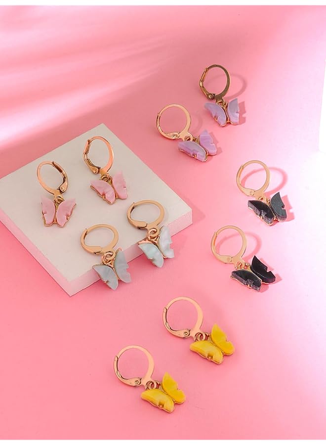 تشيميز أصفر أقراط دائرية ذهبية اللون مع حلية فراشة متعددة الألوان للنساء، عبوة من 5 قطع - Image 2