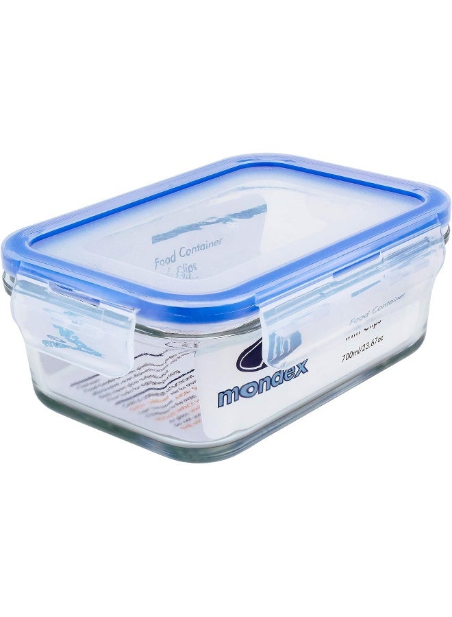 Mondex حاوية تخزين طعام زجاجية مستطيلة سعة 700 مل من موندكس مع غطاء أزرق - Image 1