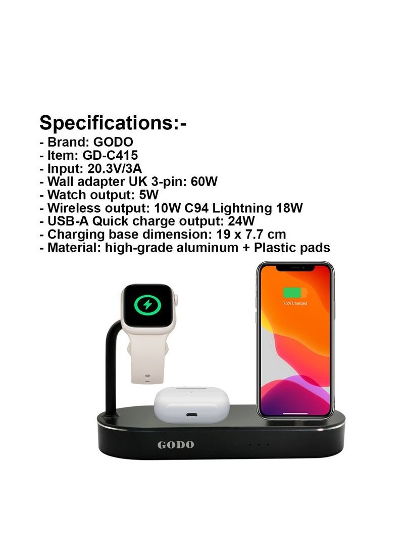 Godo - G0D0 GD-C415, Complete  Charging Dock, 4 in 1 Wireless Fast Charging Dock Aluminum, Output 5W, Wireless 10W, C94 Lightning 18W, USB-A 24W - Image 1