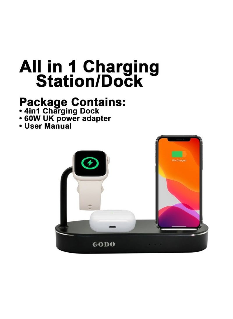 Godo - G0D0 GD-C415, Complete  Charging Dock, 4 in 1 Wireless Fast Charging Dock Aluminum, Output 5W, Wireless 10W, C94 Lightning 18W, USB-A 24W - Image 1