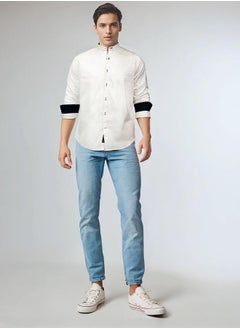Dennis Lingo Men white regular fit solid full sleeves button down cotton blend shirts with button closure featuring a mandarin collar- perfect for making bold moves.  - Image 5