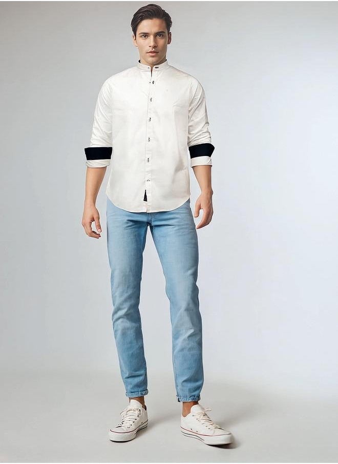 Dennis Lingo - Men white regular fit solid full sleeves button down cotton blend shirts with button closure featuring a mandarin collar- perfect for making bold moves. - Image 1