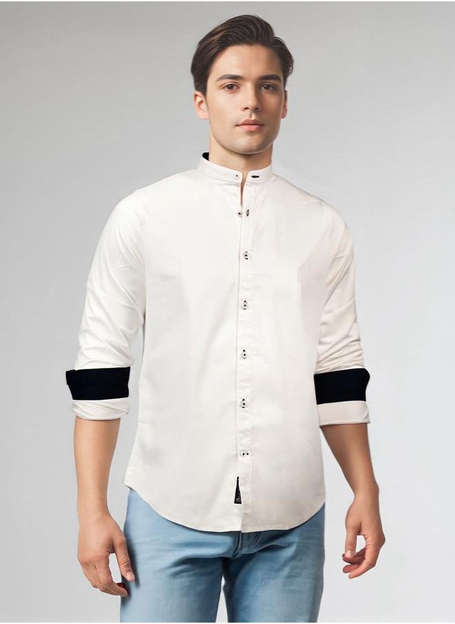 Dennis Lingo - Men white regular fit solid full sleeves button down cotton blend shirts with button closure featuring a mandarin collar- perfect for making bold moves. - Image 1