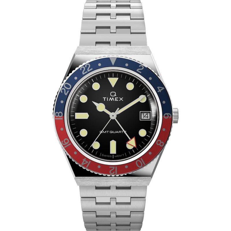 TIMEX ساعة Timex للرجال Q GMT 38 مم، قرص أسود، علبة من الفولاذ المقاوم للصدأ، سوار - Image 2