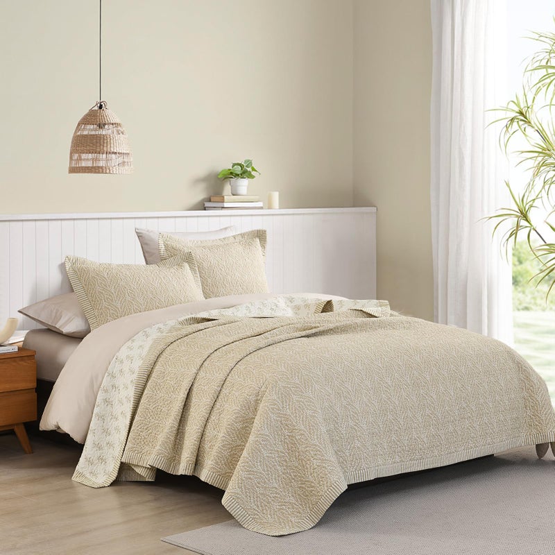 SahSahCasa Quilt Set Queen Size, 100% Cotton Quilt Bedding Set Bedspread, Botanical Pattern Solid Color Chic Lightweight Quilted Comforter for Queen Bed, White/Oatmeal, All Season, 3 Pieces - Image 2