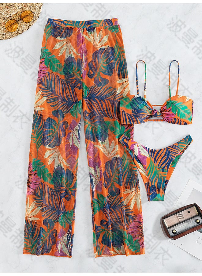 Generic European And American Style Tie-Dye Printed Split Bikini Swimsuit Beach Pants Three-Piece Swimsuit-Color:Orange Powder-Size:XL - Image 1