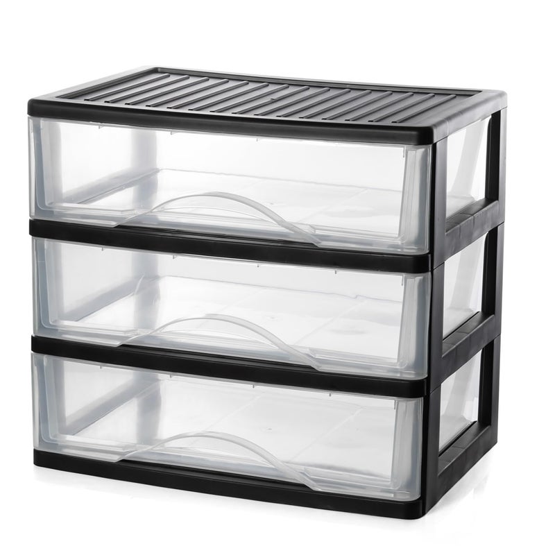 BYCY Medium 3 Drawer Plastic Clear Stacking Desktop Organizer for Office Supplies, Stackable Storage Drawers Storage Bins For Kitchen Cabinets, Pantry, Home Organization (Black, Medium 3Drawer) - Image 1