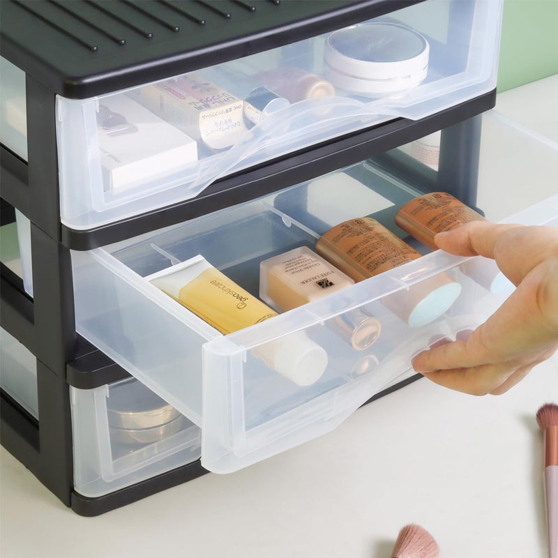 BYCY Medium 3 Drawer Plastic Clear Stacking Desktop Organizer for Office Supplies, Stackable Storage Drawers Storage Bins For Kitchen Cabinets, Pantry, Home Organization (Black, Medium 3Drawer) - Image 3