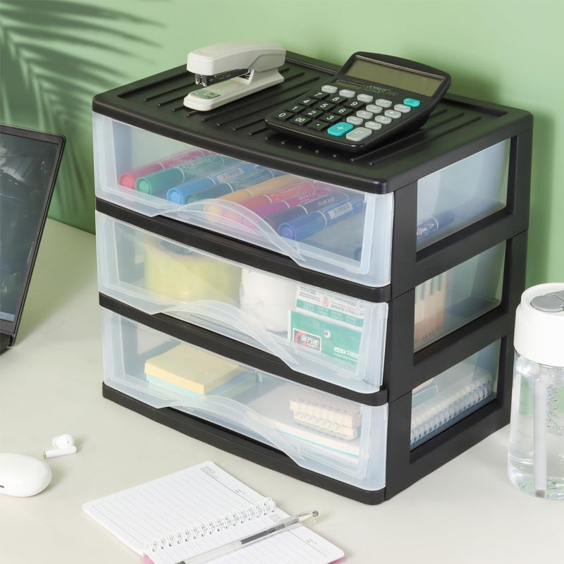 BYCY Medium 3 Drawer Plastic Clear Stacking Desktop Organizer for Office Supplies, Stackable Storage Drawers Storage Bins For Kitchen Cabinets, Pantry, Home Organization (Black, Medium 3Drawer) - Image 4