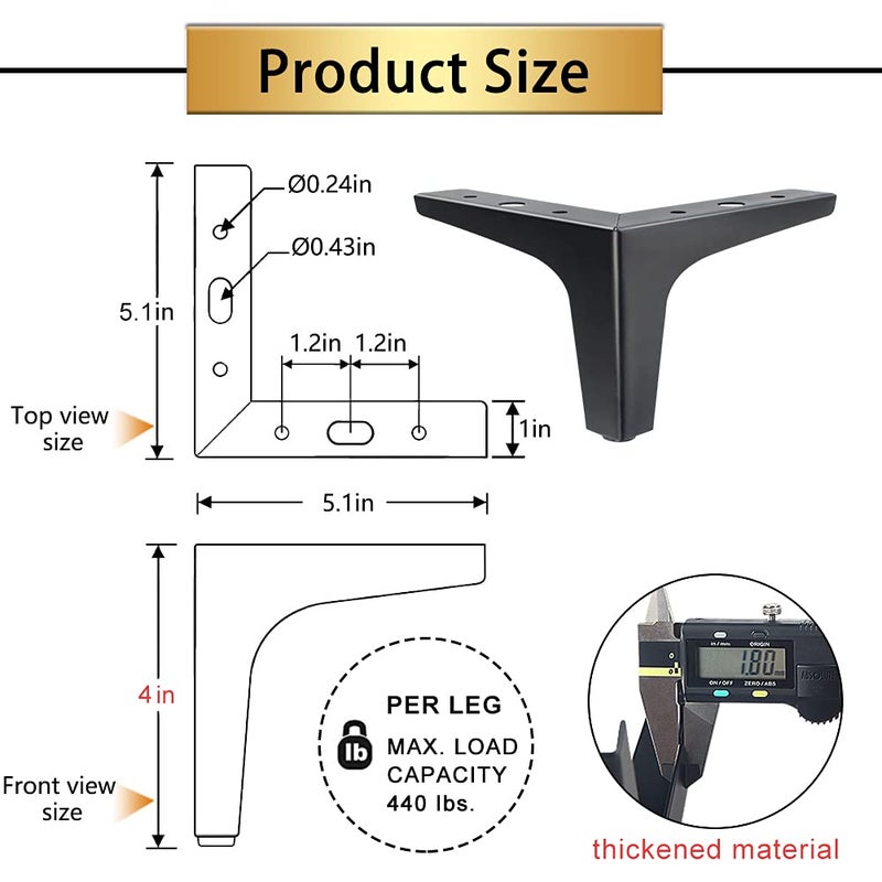 Gosche 4 Inch Metal Furniture Legs Black  Legs For Furniture Set Of 4  Modern Style Replacement Couch Legs For Dresser Chair Bed Cabinet Table Ottoman Cupboard Diy Replacement Sofa Feet - Image 4