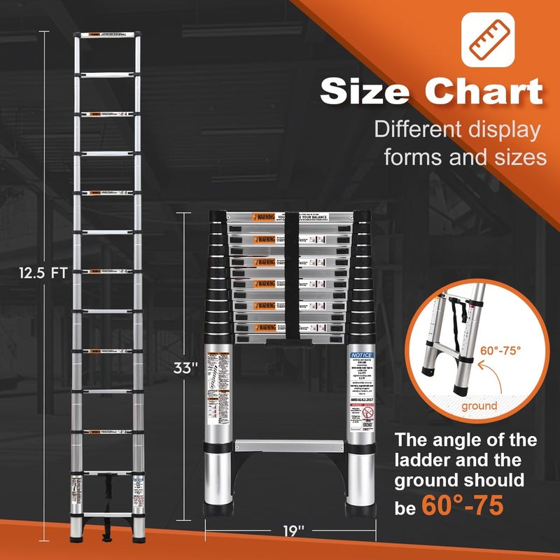 Soctone Telescoping Ladder, SocTone 12.5 FT Aluminum Lightweight Extension Ladder with 2 Triangle Stabilizers, Heavy Duty 250lbs Max Capacity, Multi-Purpose Collapsible Ladder for RV or Outdoor Work - Image 3