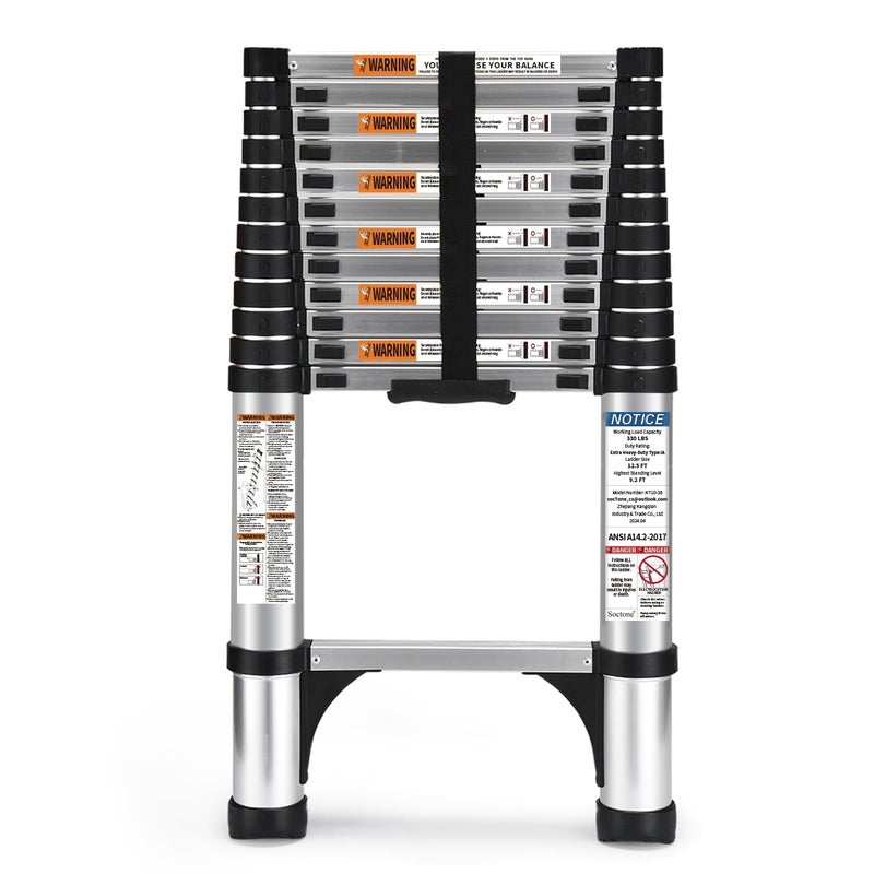 Soctone Telescoping Ladder, SocTone 12.5 FT Aluminum Lightweight Extension Ladder with 2 Triangle Stabilizers, Heavy Duty 250lbs Max Capacity, Multi-Purpose Collapsible Ladder for RV or Outdoor Work - Image 1