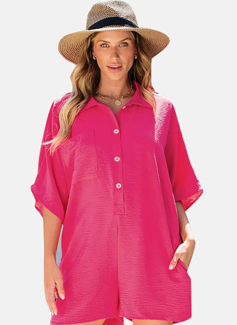YUNIQEE Pink Solid Relaxed Fit Collared Playsuit
