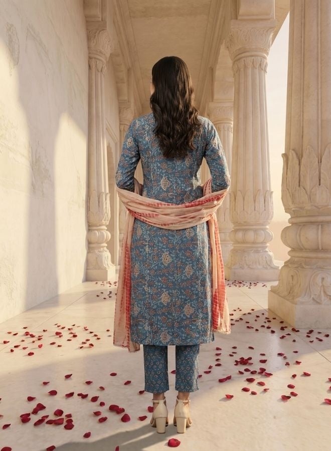 Yuris Women Blue  Peach-Coloured Printed Kurta with Trousers  Dupatta - Image 5