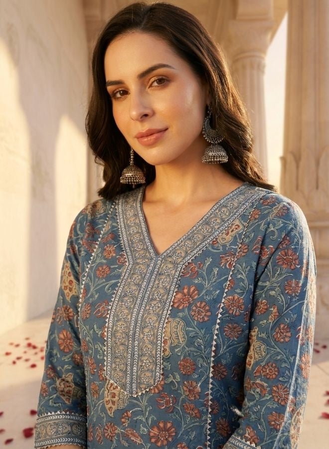 Yuris Women Blue  Peach-Coloured Printed Kurta with Trousers  Dupatta - Image 2