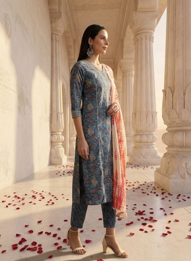 Yuris Women Blue  Peach-Coloured Printed Kurta with Trousers  Dupatta - Image 4