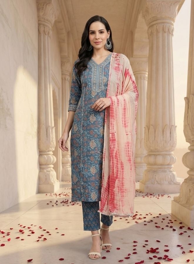 Yuris Women Blue  Peach-Coloured Printed Kurta with Trousers  Dupatta - Image 1