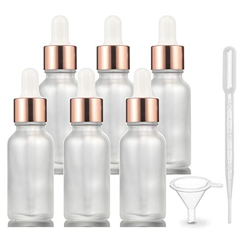 Furnido 6 Pack Essential Oil Dropper Bottle, Empty Liquid Container Holder With Glass Eye Dropper, Rose-Golden Caps Travel Perfume Cosmetic Container - Pipette & Funnel Included (15ml/0.5 Ounce) - Image 1
