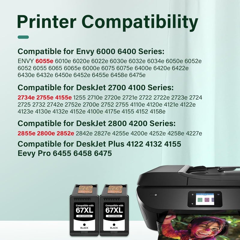 كول تونر خراطيش حبر سوداء 67XL 67 XL 6055e 2800e حبر HP67XL متوافقة مع طابعات HP 2700 2800 6000 Series DeskJet 2755e 2855e 4155e 4255e Envy 6400 6455e 6458e (عبوة 2) - Image 2