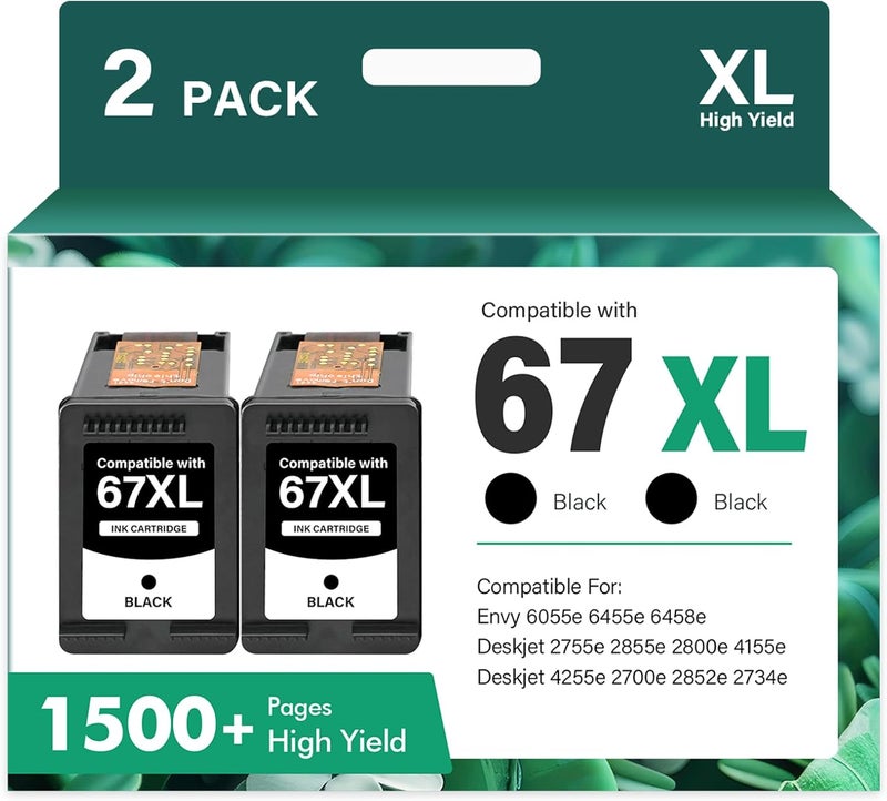 كول تونر خراطيش حبر سوداء 67XL 67 XL 6055e 2800e حبر HP67XL متوافقة مع طابعات HP 2700 2800 6000 Series DeskJet 2755e 2855e 4155e 4255e Envy 6400 6455e 6458e (عبوة 2) - Image 1