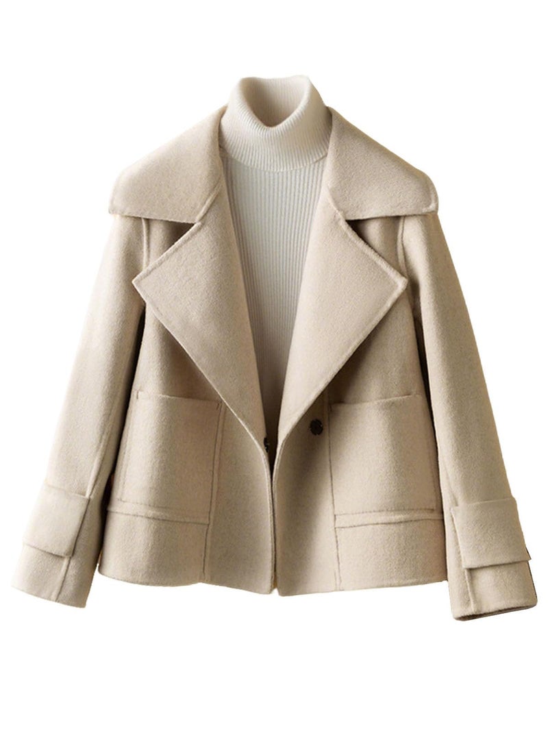 utcoco Womens Short Wool Pea Coat Notched Lapel Cropped Woolen Trench Coat with Pockets (X-Large, Apricot) - Image 1
