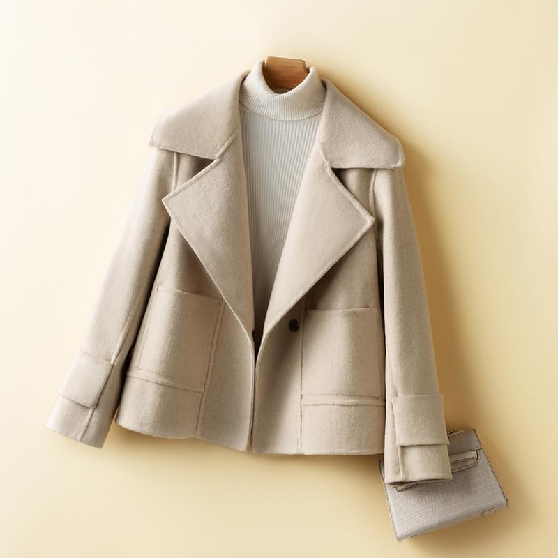 utcoco Womens Short Wool Pea Coat Notched Lapel Cropped Woolen Trench Coat with Pockets (X-Large, Apricot) - Image 3