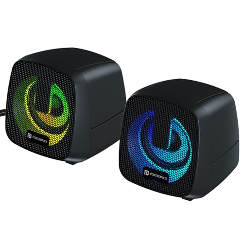 Portronics 6W in Tune 6 HD Sound 2.0 Channel Portable Desktop PC Speaker, 3.5mm Audio Jack, Volume Scroll Button, Multimedia Speaker, RGB LED Lights, Metal Mesh, USB Powered (Black) - Image 1
