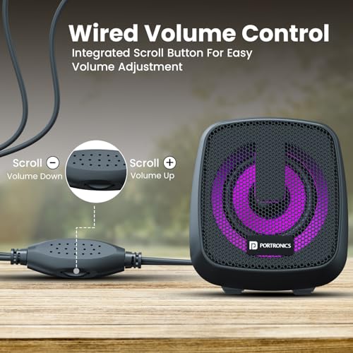 Portronics 6W in Tune 6 HD Sound 2.0 Channel Portable Desktop PC Speaker, 3.5mm Audio Jack, Volume Scroll Button, Multimedia Speaker, RGB LED Lights, Metal Mesh, USB Powered (Black) - Image 2