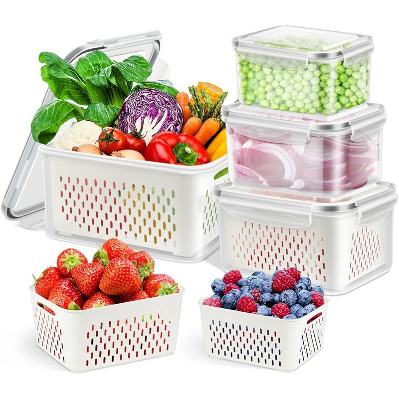 Genaric Anyuainiya Fruit Storage Containers For Fridge, 4 Pack Leakproof Food Storage Containers with Removable Colander, Dishwasher & Microwave Safe Fridge Organizer, Multi-Size Large Capacity with Lid &