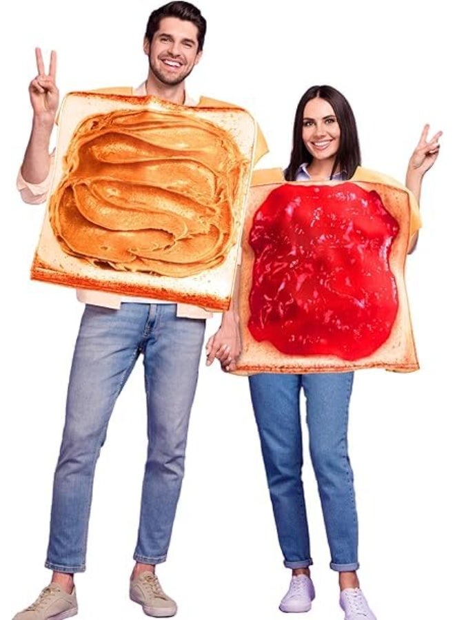 SYOSI 2Pcs Couple Halloween Costumes, Peanut Butter and Jelly Costume Set, Halloween Outfit with Bread Slice Design, PBJ Food Cosplay for Adults, Matching Party Dress-Up for Theme Events (Brown/Yellow) - Image 1