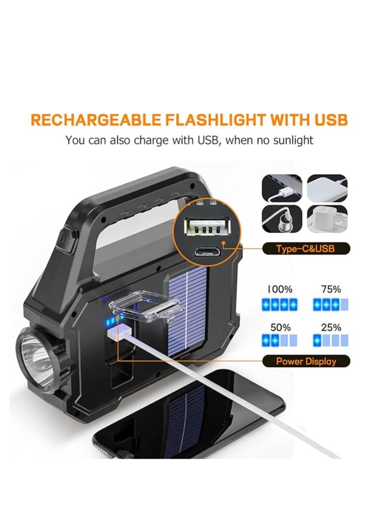 Solar Handheld Flashlight with USB Cable, 6 Modes Rechargeable Multifunction Lights Super Bright LED Searchlight, Lightweight Waterproof Portable Spotlight for Outdoor Camping Emergencies - Image 4