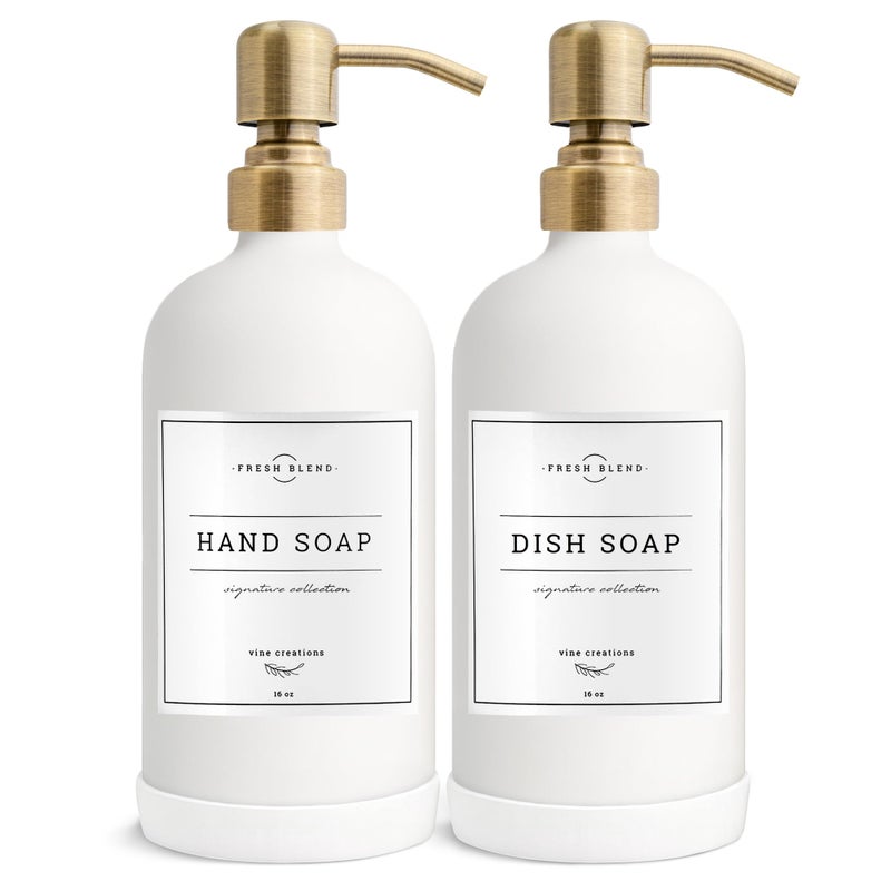 Vine Creations White Glass Soap Dispenser, 2 Pack Kitchen Soap Dispenser Set with Stainless Steel Pump, 16 oz Dish Soap and Hand Soap Dispensers for Bathroom with Waterproof Labels - Image 1