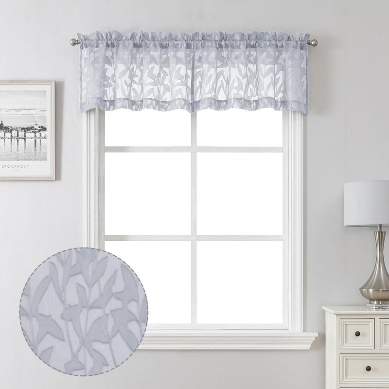 Lecloud Leia Sheer Light Grey Window Curtains for Kitchen 14 Inch Length 2 PCS, Dual Rod Pockets Window Living Room Curtain Valance, Jacquard Clip Textured Leaf Short Bedroom Drapes, 40 W x 14 L - Image 1