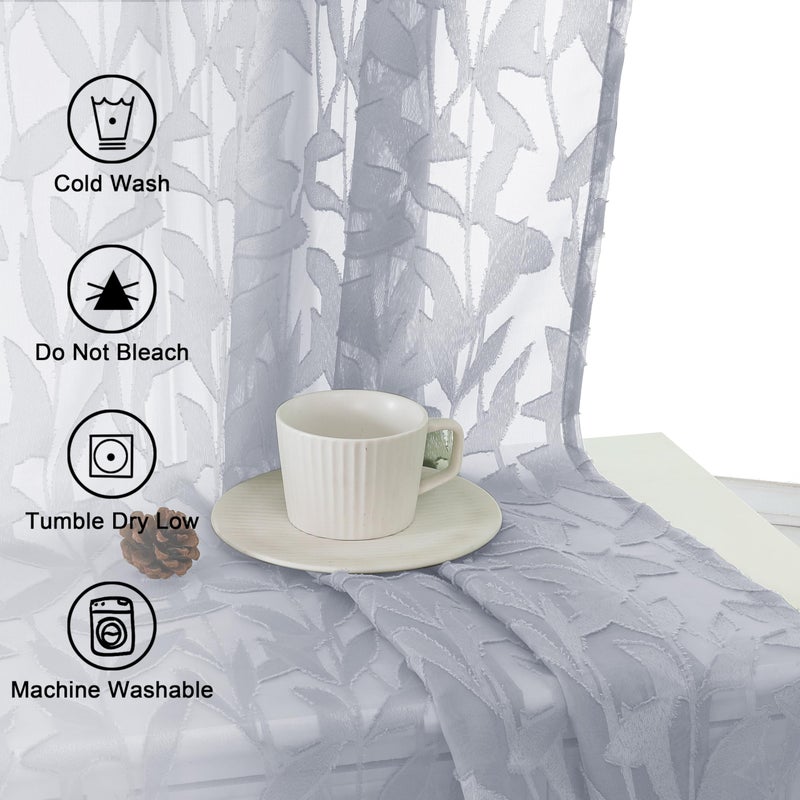 Lecloud Leia Sheer Light Grey Window Curtains for Kitchen 14 Inch Length 2 PCS, Dual Rod Pockets Window Living Room Curtain Valance, Jacquard Clip Textured Leaf Short Bedroom Drapes, 40 W x 14 L - Image 3