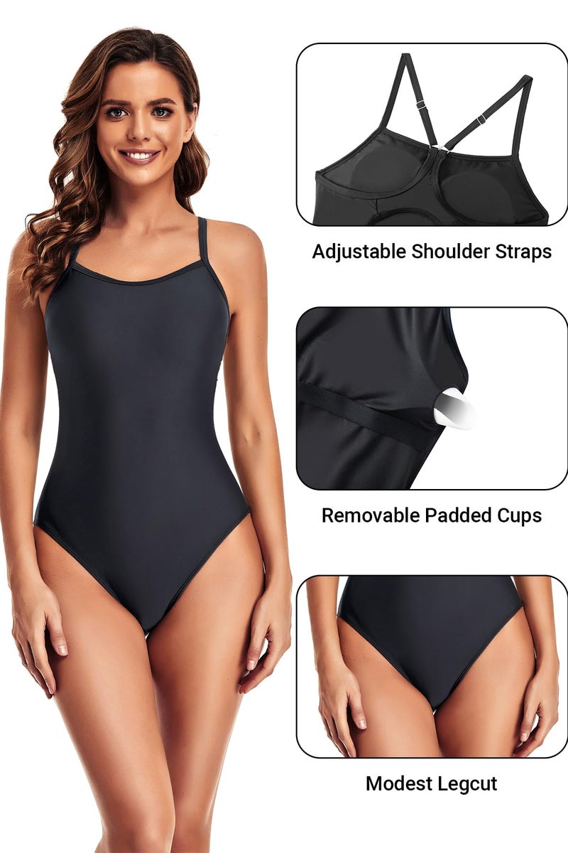 Tempt Me Black Athletic One Piece Swimsuits for Women Training Sport Tummy Control Bathing Suits X-Small - Image 3