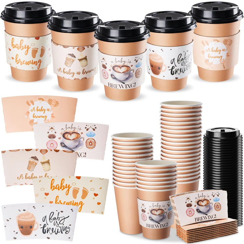 Remerry 50 Pack 12 oz Paper Disposable Coffee Cups with Lids and Sleeves, Paper Coffee Cups, Holiday Hot Cold Tea Cup, Drinking Mugs for Mardi Gras Easter Birthday Party Supplies - Image 1