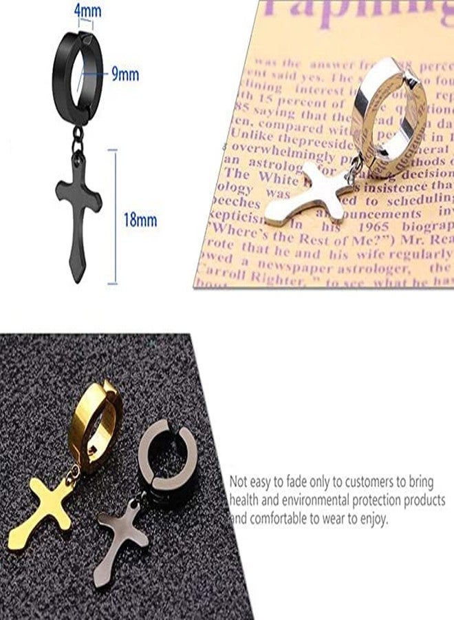VIEN 3 Pairs Non-Piercing Clip On Cross Earrings Set for Boys Girls Mens Womens Stainless Steel Huggie Earring - Image 2