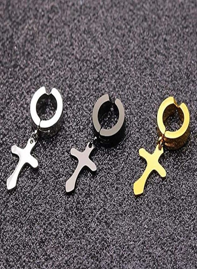 VIEN 3 Pairs Non-Piercing Clip On Cross Earrings Set for Boys Girls Mens Womens Stainless Steel Huggie Earring - Image 3