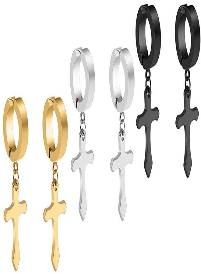 VIEN 3 Pairs Non-Piercing Clip On Cross Earrings Set for Boys Girls Mens Womens Stainless Steel Huggie Earring - Image 1