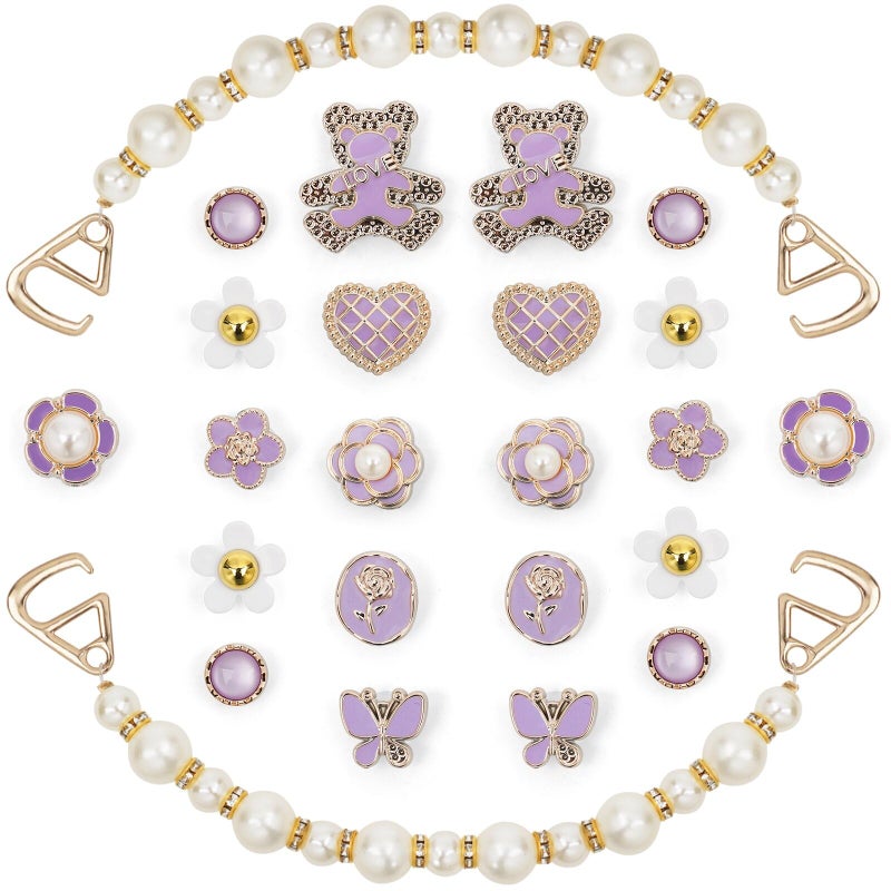 Lugailly Purple Bling Shoe Charms for Girls & Women, 24PCS DIY Shoes Decoration Set with Pearl Shoe Chains, Cute Bear, Flower, and Butterfly Design, Cute Charms for Sandals | Shoes Accessories & Party Gift - Image 1