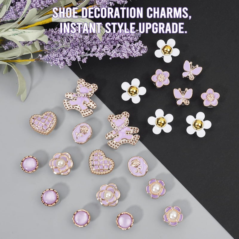Lugailly Purple Bling Shoe Charms for Girls & Women, 24PCS DIY Shoes Decoration Set with Pearl Shoe Chains, Cute Bear, Flower, and Butterfly Design, Cute Charms for Sandals | Shoes Accessories & Party Gift - Image 3