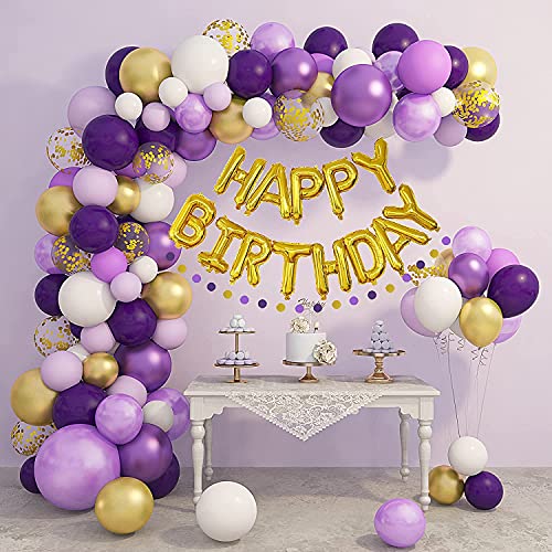 LAZYBEEE 65pcs Purple Balloons Garland Arch Kit, Purple Birthday Decorations for Women Purple and Gold Confetti Latex Balloons Happy Birthday Foil birthday Banner| Birthday Party Supplies - Image 1