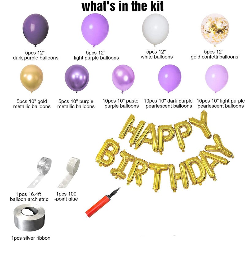 LAZYBEEE 65pcs Purple Balloons Garland Arch Kit, Purple Birthday Decorations for Women Purple and Gold Confetti Latex Balloons Happy Birthday Foil birthday Banner| Birthday Party Supplies - Image 2