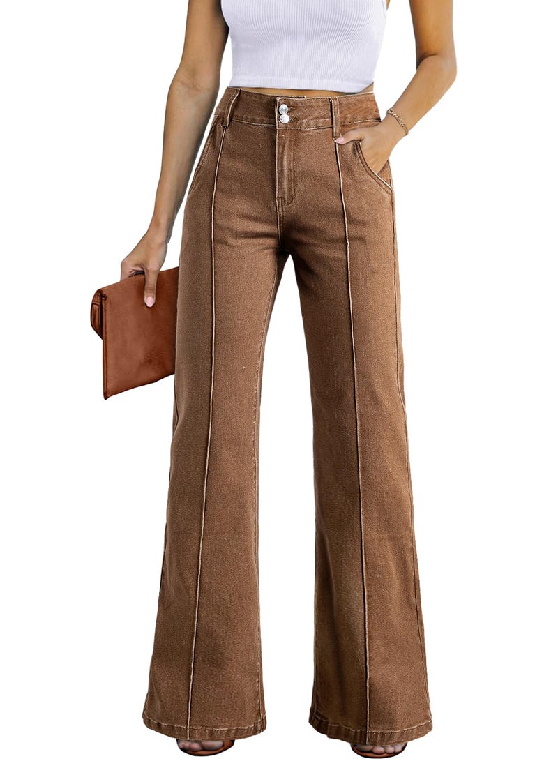 Sidefeel Womens Wide Leg Jeans Casual Baggy High Waisted Stretch Denim Pants Size 12 Brown - Image 1